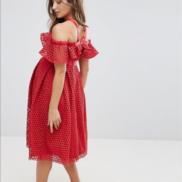 ASOS Maternity Red Lace Cold Shoulder Dress - Picture 7 of 8
